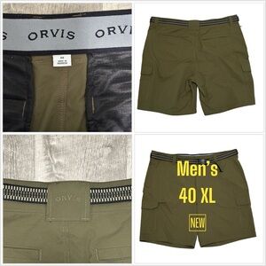 Men's ORVIS 40 XL Cargo Chino Khakis Shorts Olive Green Stretch Belted Flex NWOT